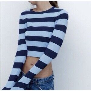 Blue and Navy Striped Zara Long-sleeve Crop Top Size Small NWT